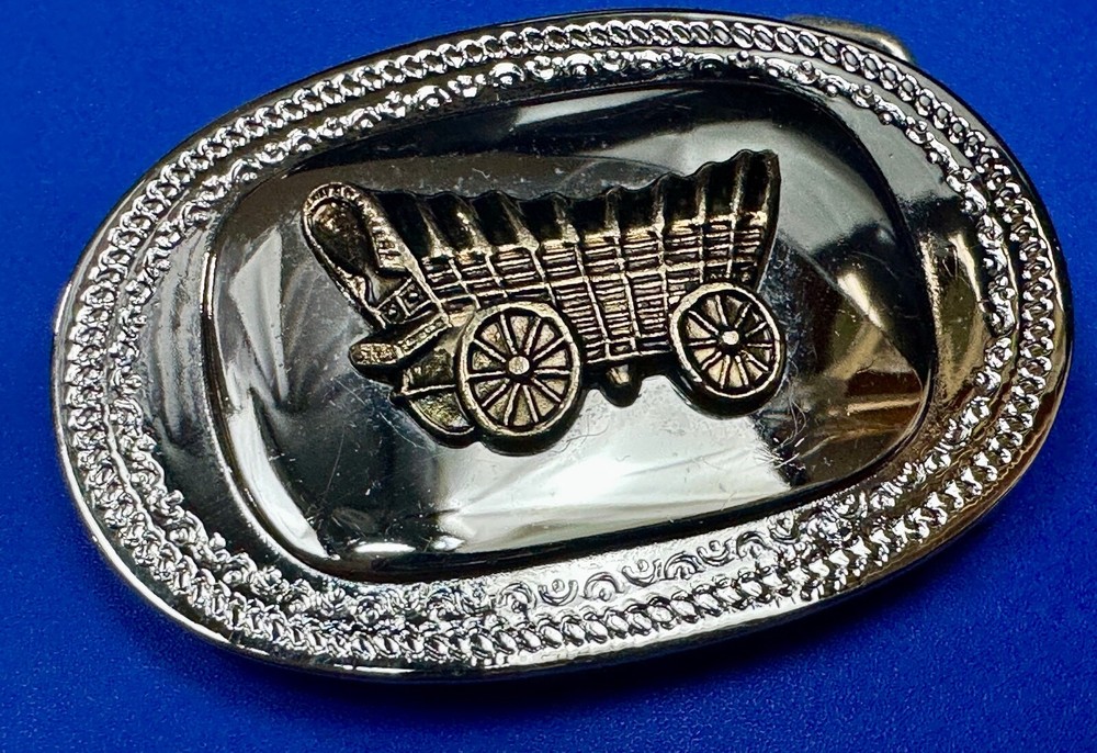 Vintage Covered Wagon On Reflective Oval Two Tone Western Belt Buckle