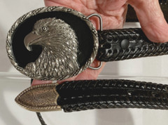 1992 Colorado Silver Star Eagle Head Buckle with Black Leather Belt Size 38 USA