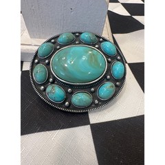 Vintage Western Faux Turquoise Silver Tone Oval Belt Buckle cowboy Boho