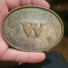 Western Oval Floral Engraved Belt Buckle Silver/Gold Raised W Monogram 1.5&Prime;
