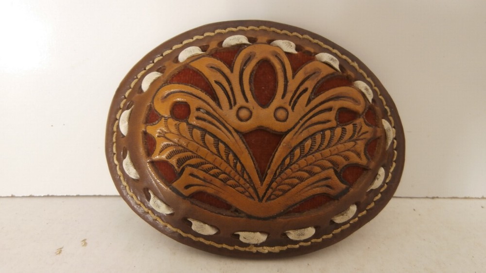 Oval Genuine Leather Belt Buckle Multi-Colored Tan Brown Red White Unisex 4&Prime;
