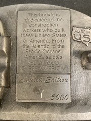 American Construction Worker Numbered 7/5000 Belt Buckle 1988 Made In USA Pewter