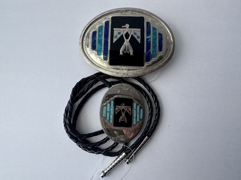 Johnson & Held Ltd. Thunderbird Inlay Western Belt Buckle & Bolo Tie Set, Silver