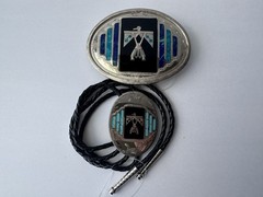 Johnson & Held Ltd. Thunderbird Inlay Western Belt Buckle & Bolo Tie Set, Silver