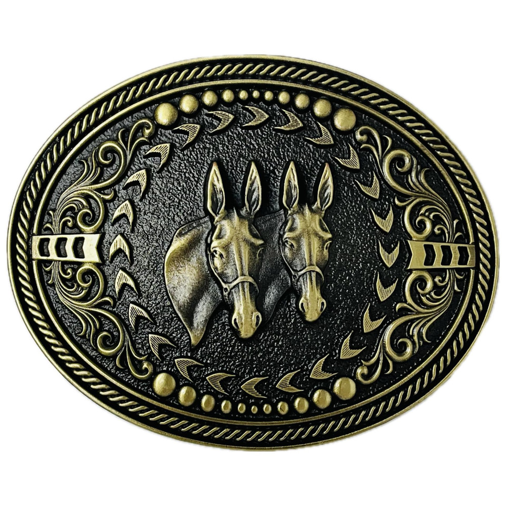 Montana Silversmiths Attitude Twin Mules Western Oval Antique Brass Belt Buckle