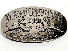 MANCHESTER LTD VTG FORGED BELT BUCKLE Lions Crest & Scroll Design 4&Prime;wide VGC!