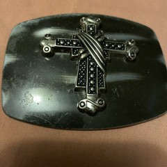 Cross Engraved Silver Tone Solid Steel Plaque Rectangular Vintage Belt Buckle