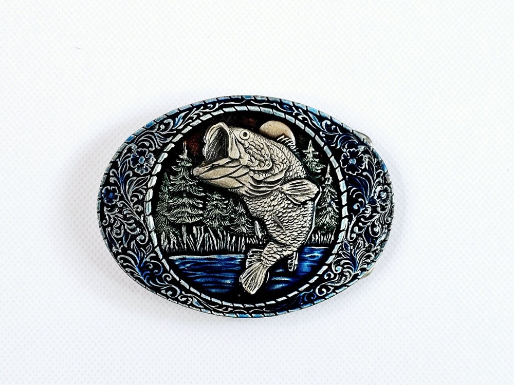 Indiana Metal Craft Belt Buckle Jumping Largemouth Bass Fish Embossed 1982 Vtg