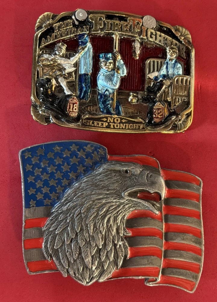 2 belt buckles 1986 American Firefighter, Eagle Flag 1990 Siskiyou Made in USA
