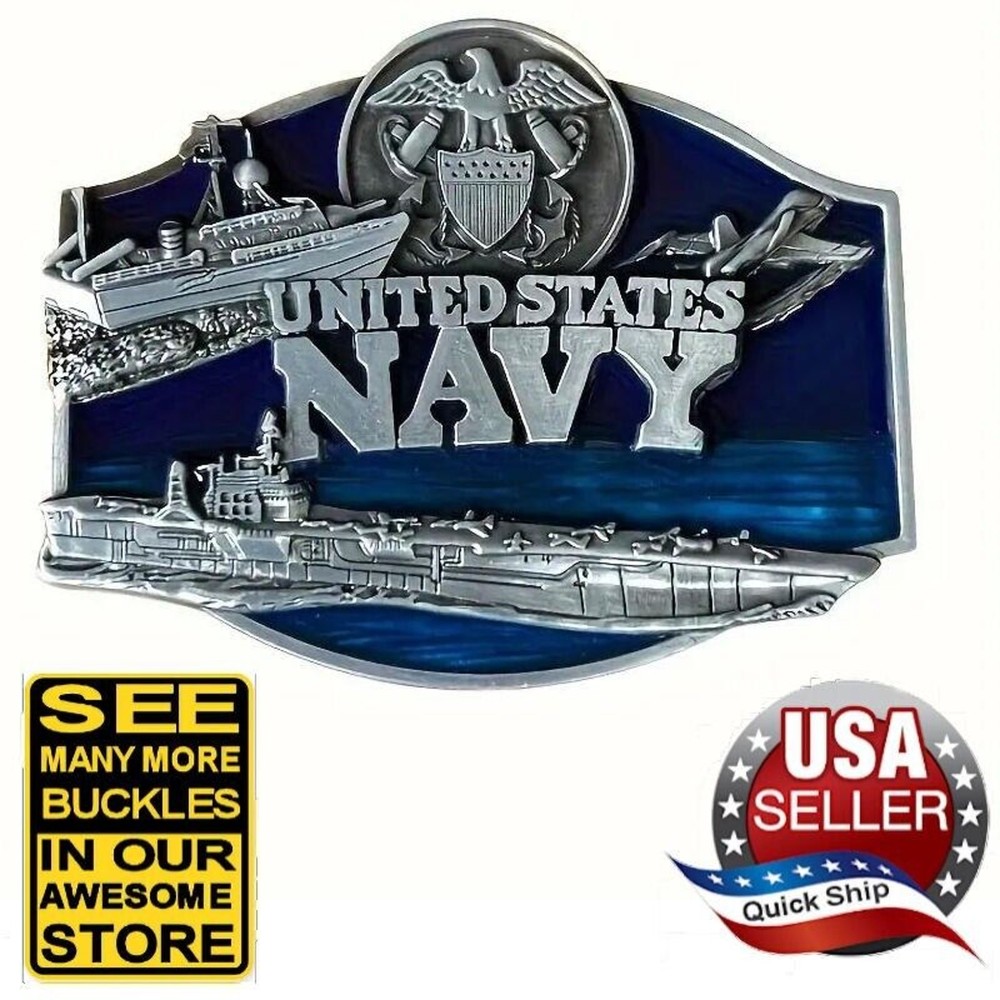 U.S. Navy Belt Buckle • Naval Seal • Aircraft Carrier • Jet Fighter •Blue Enamel