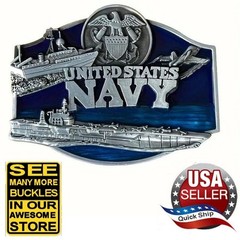 U.S. Navy Belt Buckle • Naval Seal • Aircraft Carrier • Jet Fighter •Blue Enamel