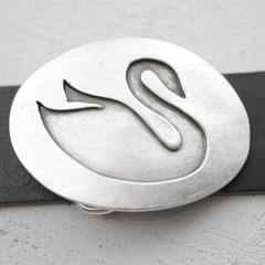 Modernist Swan Belt Buckle Oval Shape in Antique Silver for Belts
