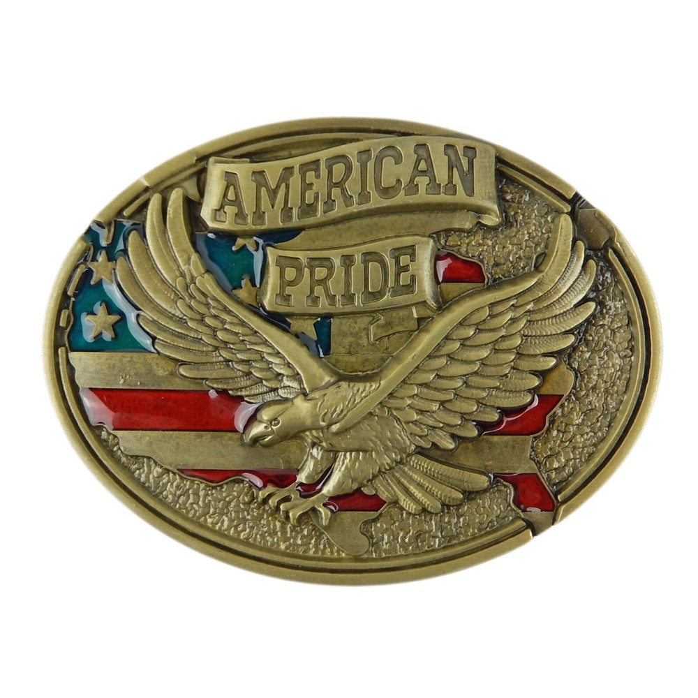 American Pride Flag Eagle Belt Buckle Enamel Color Antique Bronze Fits 1.5&Prime; Belt