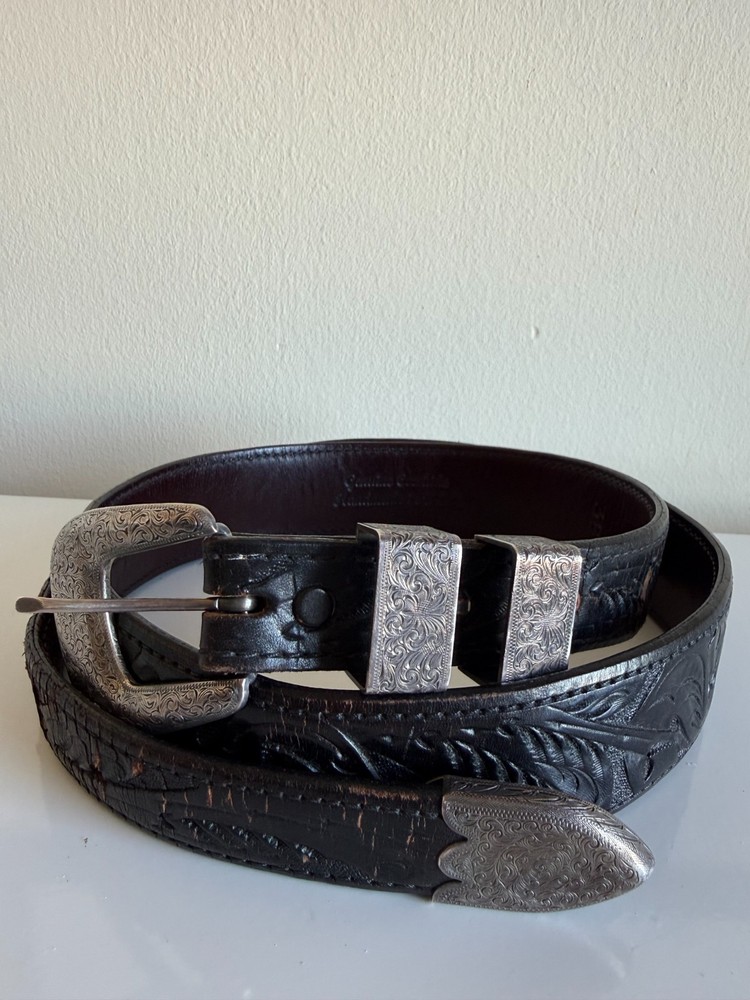 CLINT ORMS Sterling Silver Belt Buckle with Chacon size 38 Leather Belt