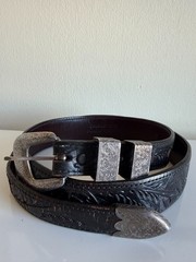 CLINT ORMS Sterling Silver Belt Buckle with Chacon size 38 Leather Belt