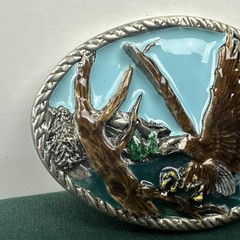 Vintage Eagle Landing On Branch Painted Metal Belt Buckle Silver Tone Nature