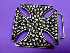 Celtic Iron Cross Shaped with Engraved Tiny Skulls Gothic Cutout Belt Buckle