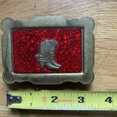 Cowboy Boot Ruby Sparkle Belt Buckle Bronze Red and Gold Ranch Life Montana Wyo