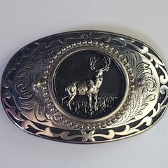 VTG Western Whitetail Deer Buck Engraved Silver Tone Oval Belt Buckle Hunting