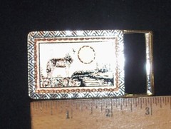 2 1/2&Prime; DRESS SIZE BELT BUCKLE W/COPPER & SILVER-PLATE WOLF HOWLING AT MOON SCENE