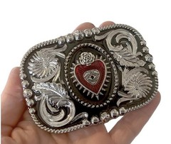 Western Sacred Heart Belt Buckle Valentines Rose Crown Mexican Art Accessory