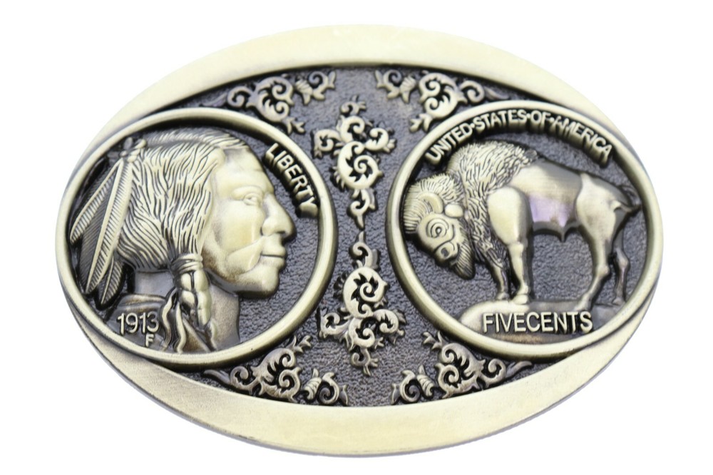 Men Antique Gold Metal Fashion Belt Buckle Big Native Buffalo Bull 5 Cents Coin
