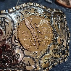 Centenario Cowboy Belt Buckle Western Silver With RoseTone Faux 50 Peso Concho