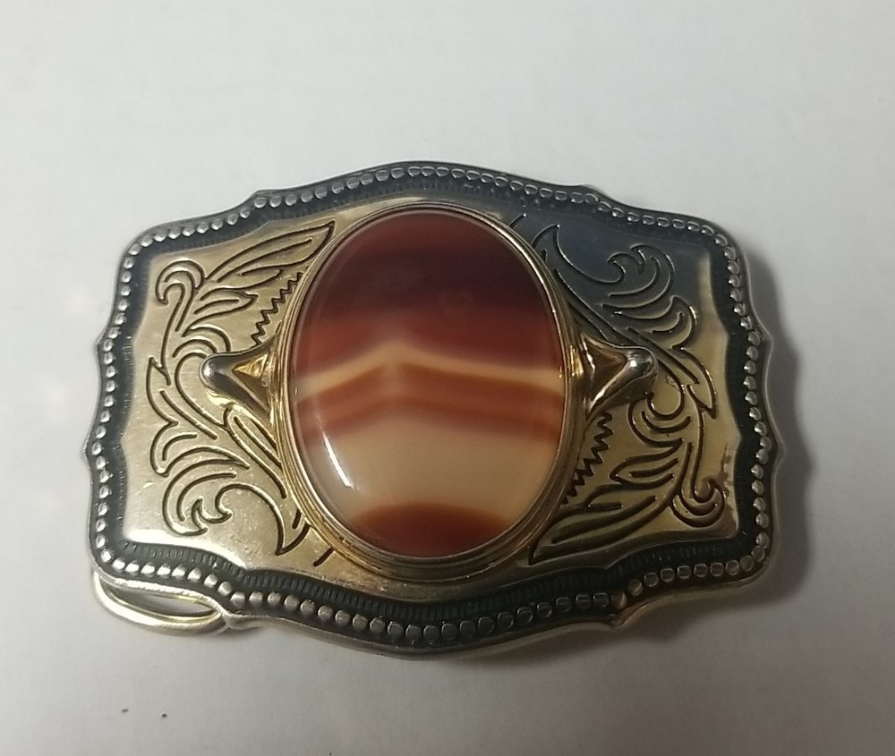 Agate Polished Stone Gold Tone Belt Buckle Southwestern