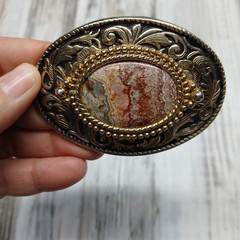 Western Floral Lace Agate Belt Buckle Two Tone Gold Silver Oval Cowboy Boho
