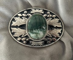 Green Stone Western Belt Buckle Silver Tone Gemstone Cowboy Snap On Belt Set