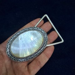 Golden Mother of Pearl Belt Buckle – Silver Plated Filigree Setting, Handmade
