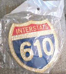Interstate 610 Shield Metal Belt Buckle Gold Tone Iced Out Rhinestone Accessory