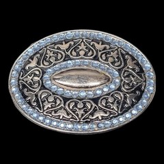 Vintage Brass Belt Buckle Rhinestone Blue Silver Western Scroll Cowboy Cowgirl