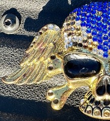 Skull covered in Clear & Blue Rhinestones Belt & Belt Buckle,Missing Some Stones