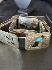 Turquoise Onyx Zuni Sterling Silver Sun Face Inlay Old Pawn Belt 40&Prime; 17406