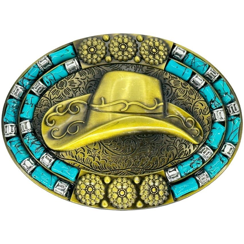 Turquoise Beaded Cowgirl Hat Western Belt Buckle BRONZE color