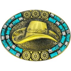Turquoise Beaded Cowgirl Hat Western Belt Buckle BRONZE color