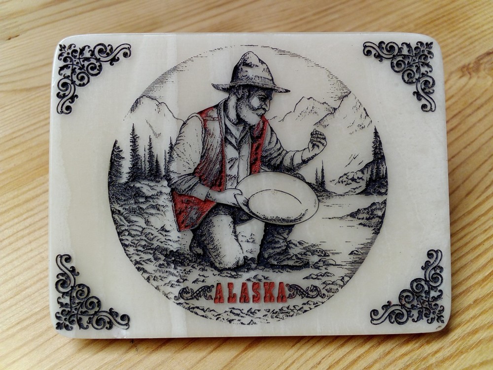 ALASKA GOLD MINER RUSH PROSPECTOR MOUNTAINS ART BELT BUCKLE SCRIMSHAW STYLE
