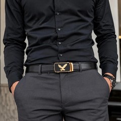 2 Pack Automatic Ratchet Dress Belts Eagle Buckle Adjustable Leather Black Gift