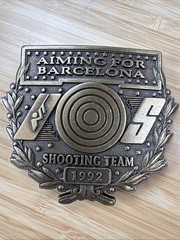 NRA / Vintage Brass Belt Buckle US Shooting Team 1992 “AIMING FOR BARCELONA”