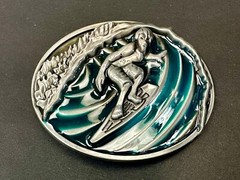 Surfer On Ocean Wave Pipeline Surfing Hang 10 – Blue Green Color Belt Buckle