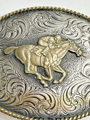 ADM Vintage Belt Buckle Jockey RaceHorse Lucky #7 Floral Brass Numbered Signed
