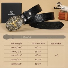 TRIWORKS Mens Western Cowboy Belt – Cowgirl Fit Size 34&Prime;-37&Prime;, Black