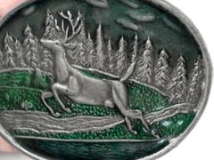 RARE Vintage Bergamot Bronze / Pewter Metal Jumping Deer/Elk Enamel Belt Buckle
