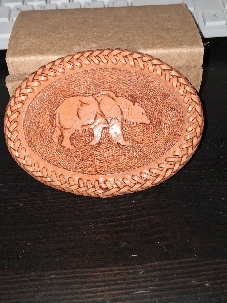 Handmade Tooled Leather Bear Belt Buckle Rust Brown 4.5&Prime; X 3.5&Prime;