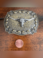 Western Steer Head Belt Buckle Antique Brass Silver Tone