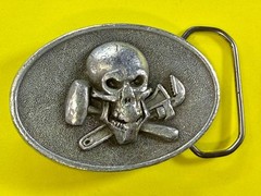 Mechanic Skull Crossed Wrench Hammer Tool Solid Fine Pewter Belt Buckle