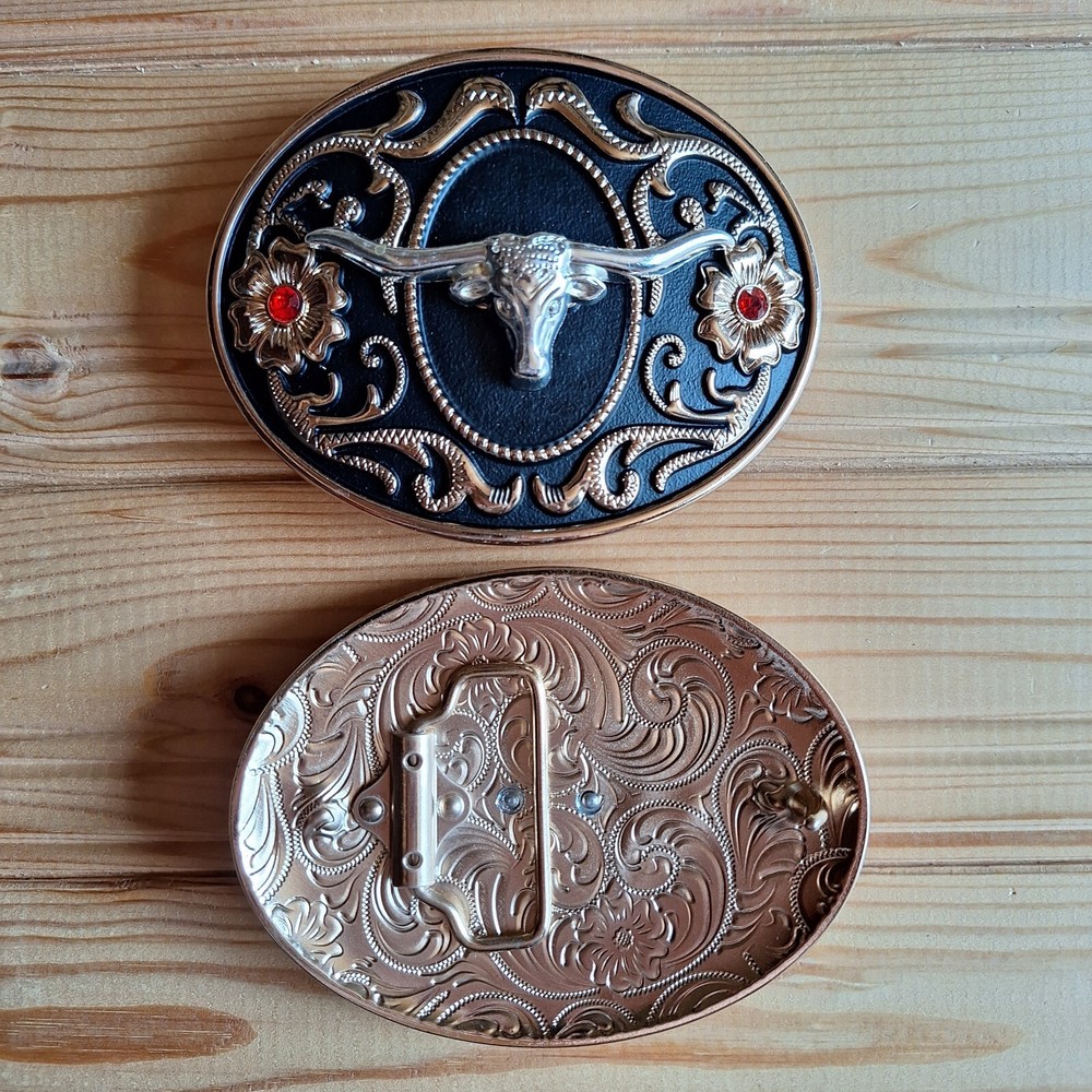 BIG Long horns bull Stone flowers oval western country black & gold belt buckle
