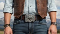 Men Buckle Silver Metal Bull Square Western Fashion Filigree Texas Long Horn Cow