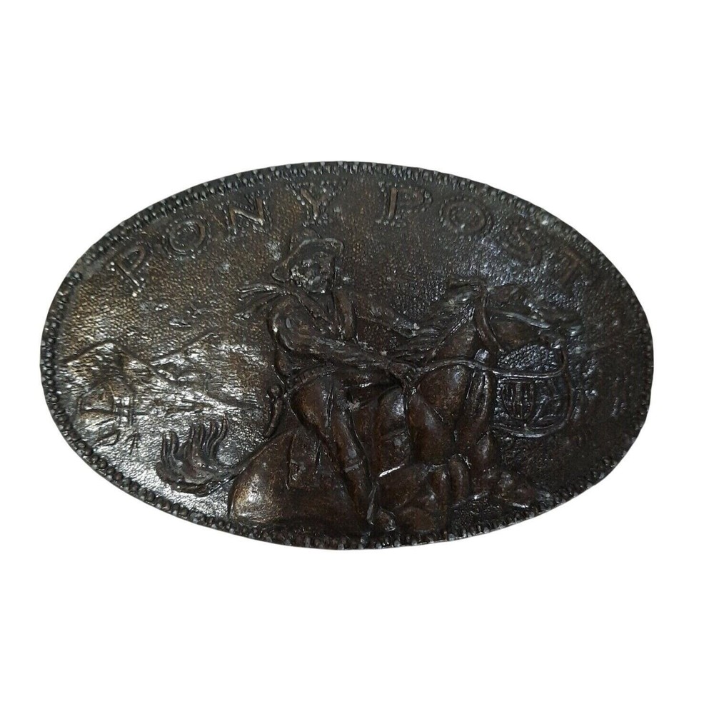 Pony Post Rider Belt Buckle Bronze Tone Mens Western Cowboy Pony Express Rustic